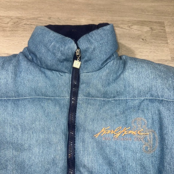 Karl Kani Sculptured Denim Puffer Jacket Mens XL Blue‎ Embroidered Kani 23 Logo - Picture 4 of 16